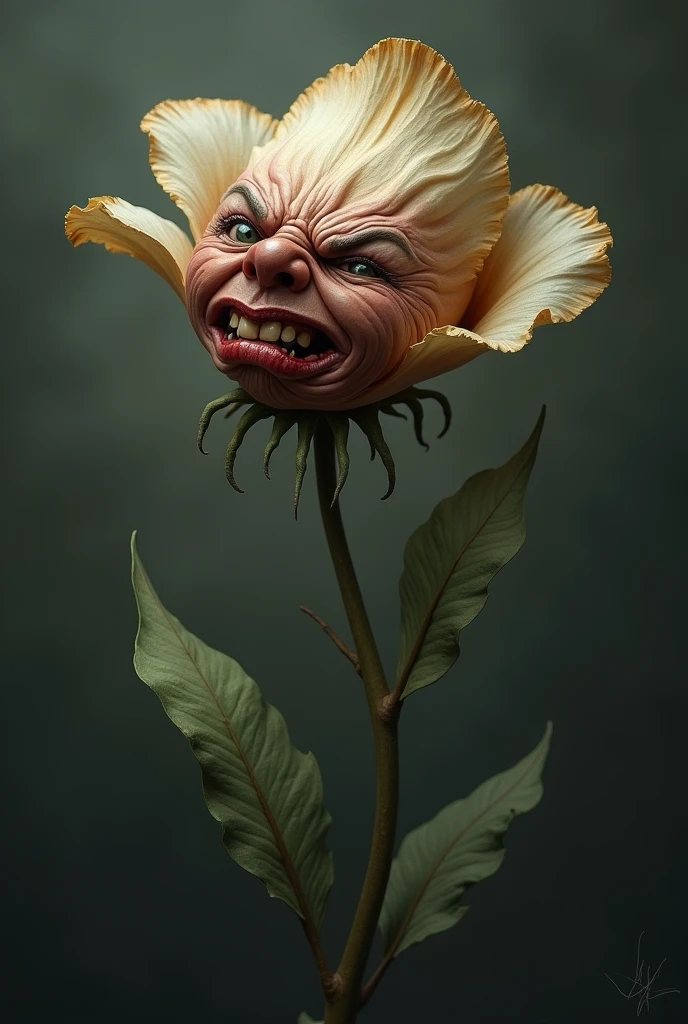 Creates a flower with a face of extreme pain bending over as it withers.