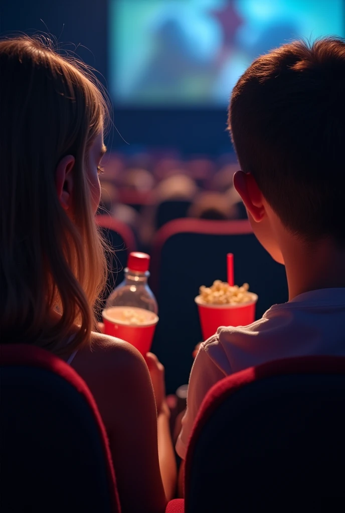Let's say a girl and a boy are sitting in a cinema watching a movie, the girl has a drink bottle and the boy has popcorn in his hand and let's take a photo so that their faces are not visible because they will be holding it in their hands during the test.