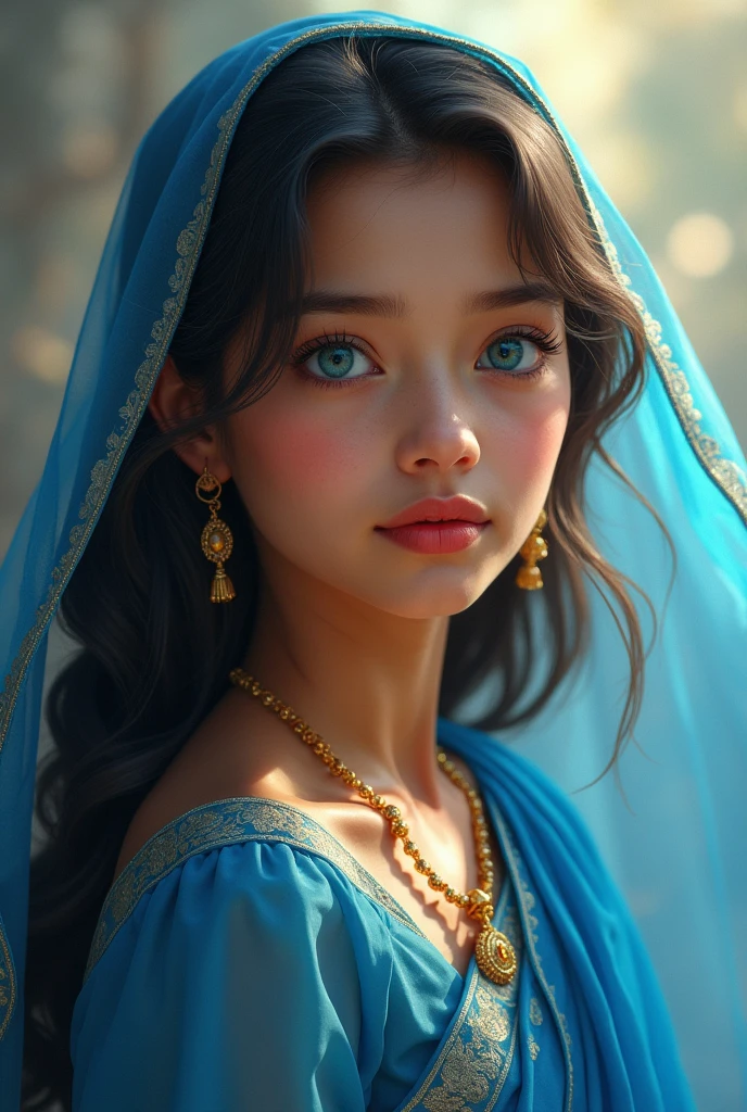 Radharani with white skin tone and shining blue eyes like sun, 14 year old , in blue saree, black hairs