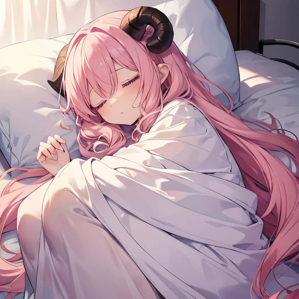 An anime-style illustration of ‘Fua-chan’ continuing to sleep peacefully. Fua-chan has distinctive features: long pink hair styled in soft curls resembling sheep’s horns, and pink eyes. She is depicted lying comfortably in bed, wrapped snugly in soft blankets, with her eyes closed and a serene expression on her face. Her breathing is gentle and calm, indicating deep sleep. The background shows a dimly lit bedroom with warm, muted colors, perhaps with the soft glow of early morning light filtering through the curtains, creating a peaceful and restful atmosphere as she continues to sleep undisturbed.