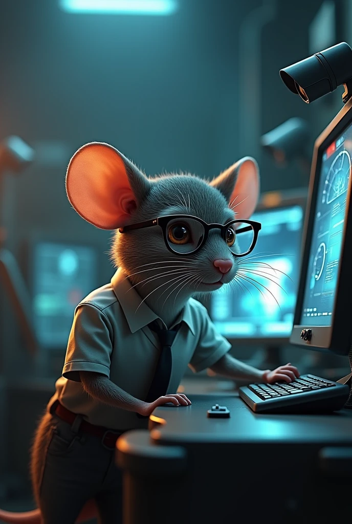An electrical engineer mouse with glasses maintains security cameras