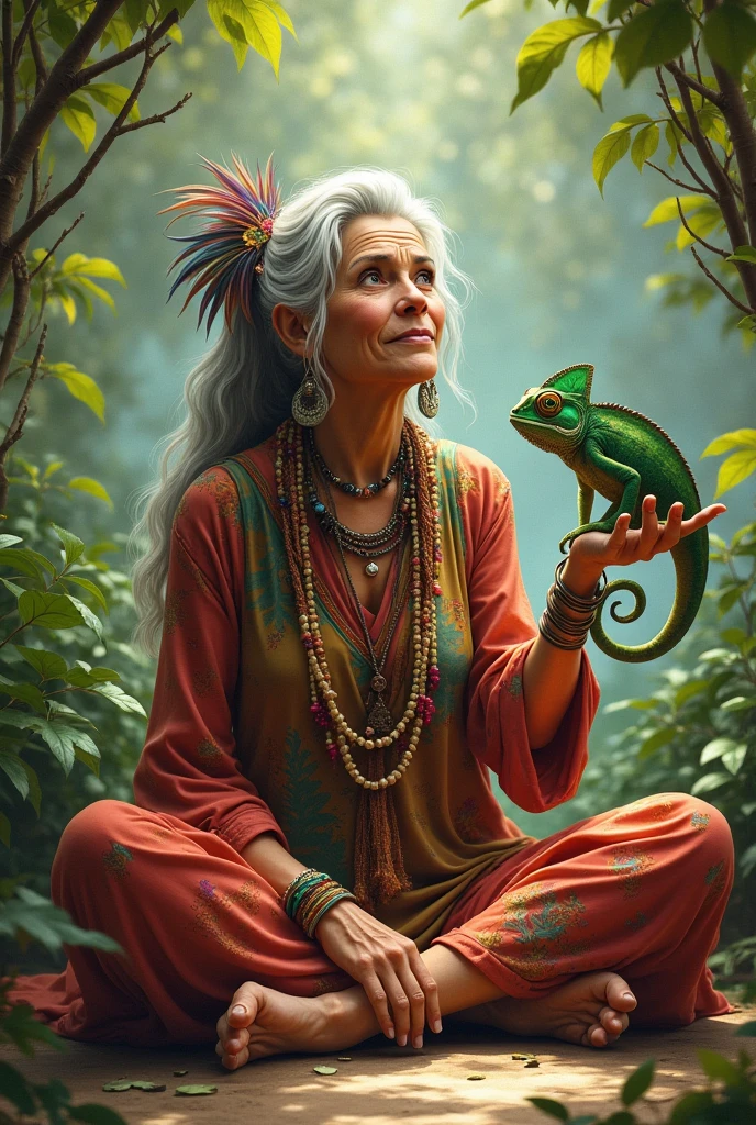 67 year old senior woman hippy bohemian spending time with her chameleon