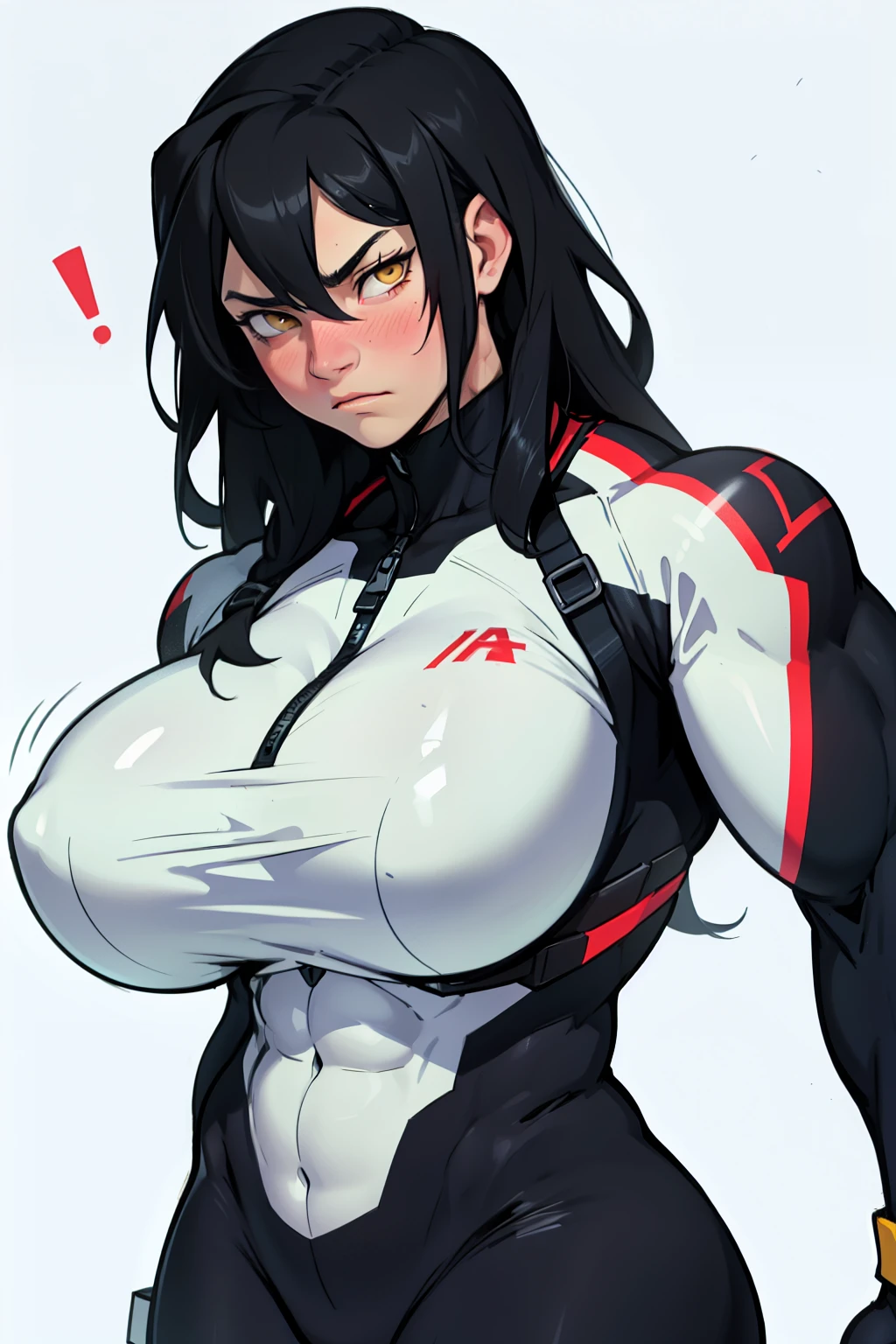 massive breasts huge breasts ((((muscular girl)))) ((((muscular girl)))) ((((muscular girl)))) toned body skinsuit long hair black hair yellow eyes pale skin serious look empty eyes sad frown light blush embarrassed