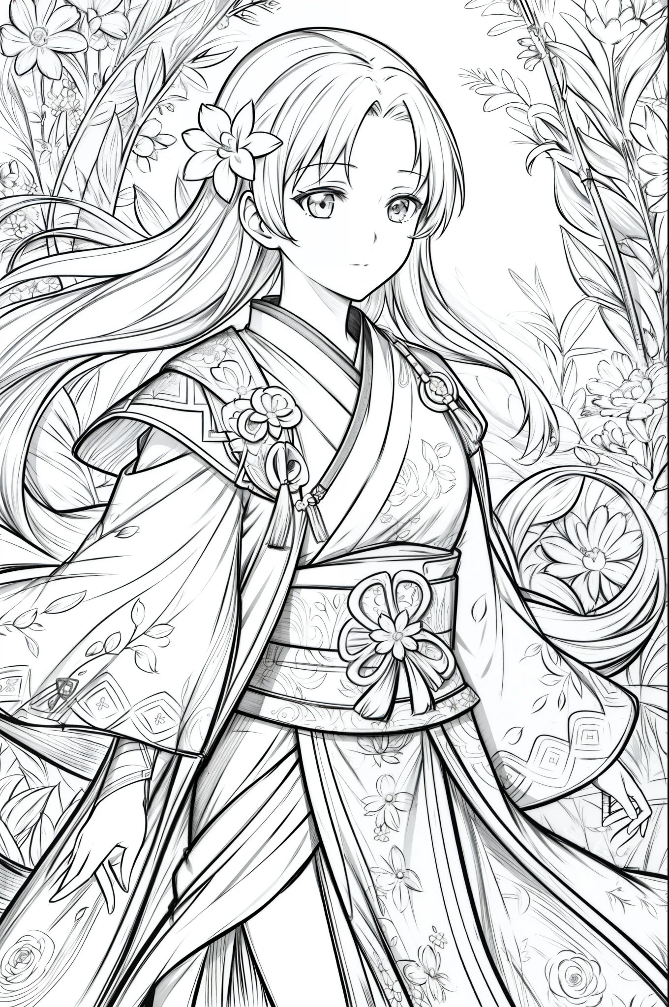 Girl,swordsmen,Ancient wind, Acura, florals, Solo, Hanfu, Flower lines draw the background, white backgrounid, single body, dessin au trait, ((Sketch factory))