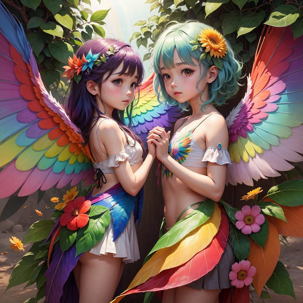 cute rainbow hair rainbow wings flowers transparent wings leaves clothes made of leaves