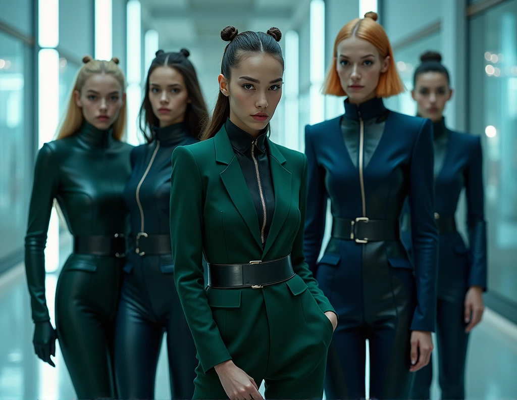 A photorealistic Instagram-ready image depicting a highly futuristic and eco-friendly fashion collection for power suits and sophisticated workwear. The collection is characterized by bold, cutting-edge silhouettes in deep blues, rich burgundies, and forest greens, using state-of-the-art sustainable materials like organic wool, recycled polyester, and hemp blends. The designs push the limits of creativity with angular, asymmetric cuts, futuristic metallic accents, and smart fabrics that adjust to temperature and UV exposure. Innovative styling concepts include modular clothing that can be reconfigured for different looks, integrated solar-powered tech for on-the-go energy, and color-changing textiles that adapt to the environment. The scene is set against a futuristic, digitally enhanced urban backdrop with sleek, reflective architecture and holographic interfaces. Models are captured in assertive, powerful poses, with dramatic lighting that highlights the advanced materials, futuristic details, and rich colors of the outfits. The image conveys a message of strength, innovation, and sustainability in the future of fashion.