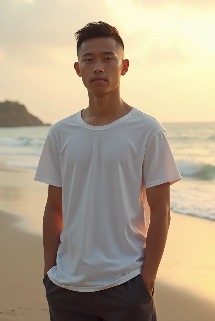 Create a 64k image of a handsome, sharp-featured Chinese teenage boy with fair, smooth skin and a well-proportioned body. He is wearing a small white Speedo swimsuit. The image should be taken from behind, looking over his shoulder.