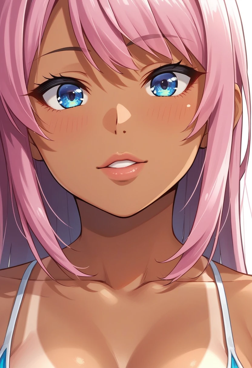 score_9, score_8_up, score_7_up, source_anime, style, takeda hiromitsu style,blue eyes, pink hair, long hair, very dark tanned skin, tanlines, makeup, perky lips, middle breasts, top, wreidangle, face focus, close up, portrait, masterpiece, 4k, best quality