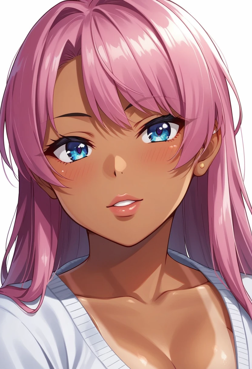 score_9, score_8_up, score_7_up, source_anime, style, takeda hiromitsu style,blue  eyes, pink hair, long hair, very dark tanned skin, tanlines, makeup, perky lips, middle breasts, top, wreidangle, face focus, close up, portrait, masterpiece, 4k, best quality