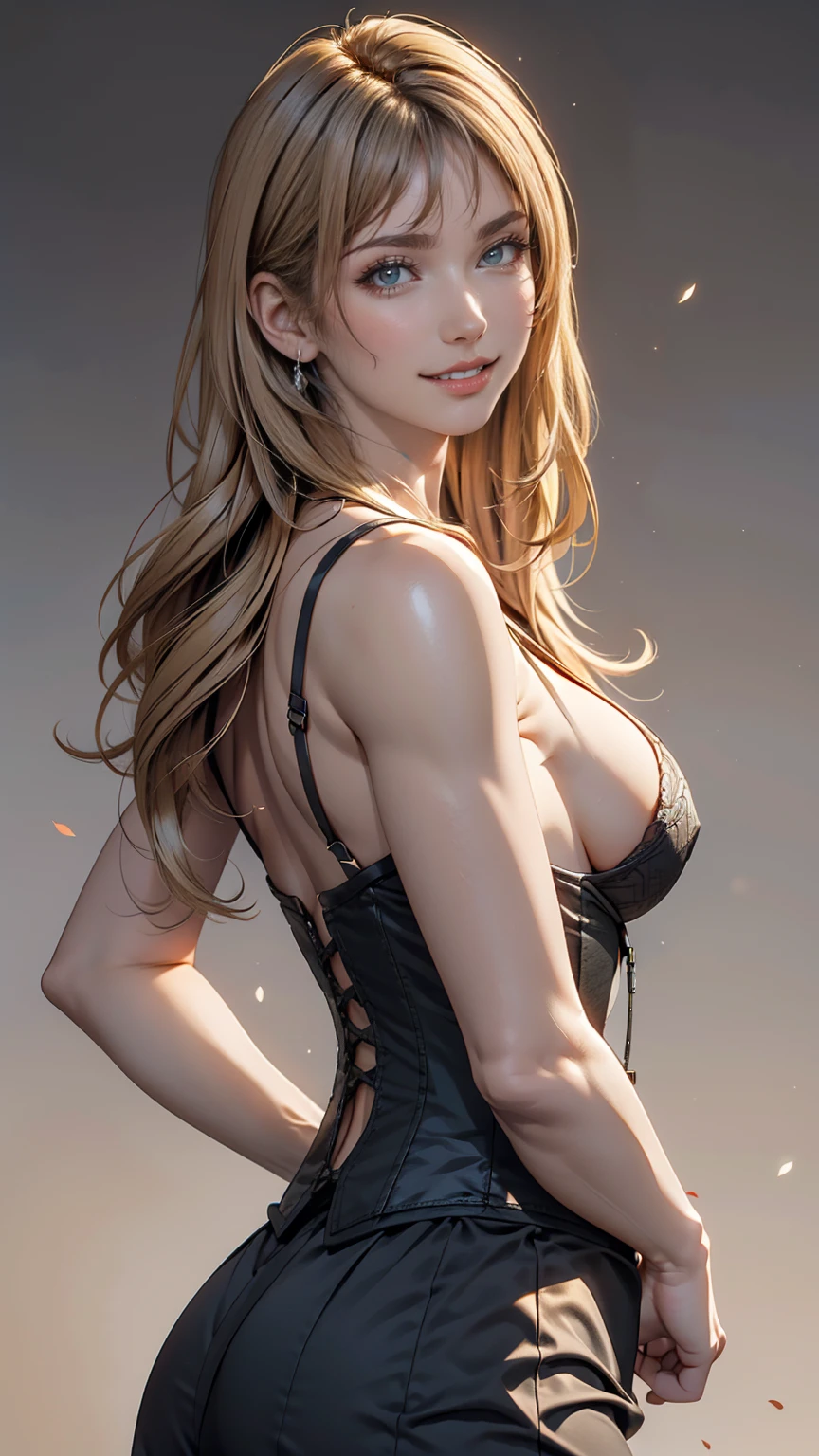One person, alone, View your viewers, Blonde long hair, Wearing a corset, Big Ass, Brown eyes, Upper Body, Gray background, Normal boobs, lips, Realistic, A konigsreuter、Place hands on hips、smile