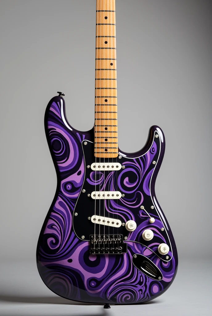 Fender Stratocaster guitar with psychedelic black and purple designs on the pickguard only