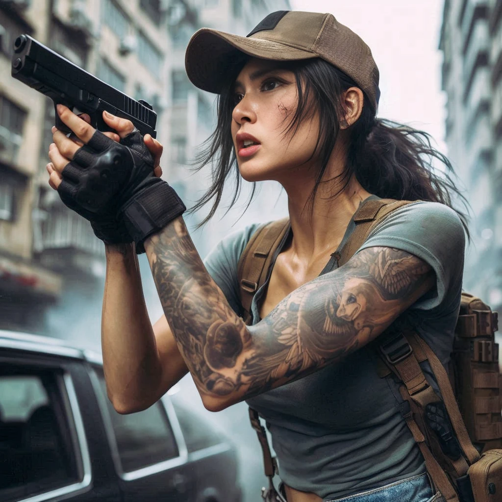 8k,Realistic Photo、Realistic Skin Texture、Superrealism、Japanese women living in America、General citizens、Civilian、Tattoo、cap、jeans、Short sleeve shirt、Beauty、American cityscape、Old building、Pistol、Covered in scars、It is dirty、muscle、The background is out of focus、Dramatic Images、Battleground、The strongest woman、Former Marine、abandoned car、Be vigilant