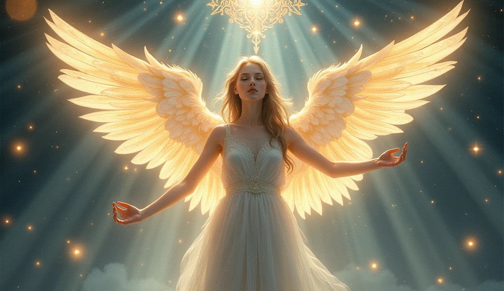 "Design a mystical and serene cover featuring an ethereal angel with glowing wings, surrounded by celestial light and spiritual symbols."