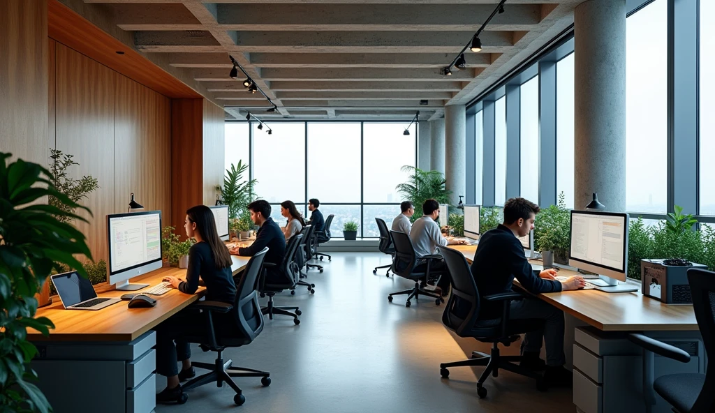 High-quality photograph of a web development studio with a modern minimalist design. The interior includes concrete, Wooden elements, plants and panoramic floor-to-ceiling windows. The office is located on the 81st floor in New York.. A couple of tables with monitors and chairs. Programmers and designers are at their workplaces. Each person has their own individual work place, unlike any other..