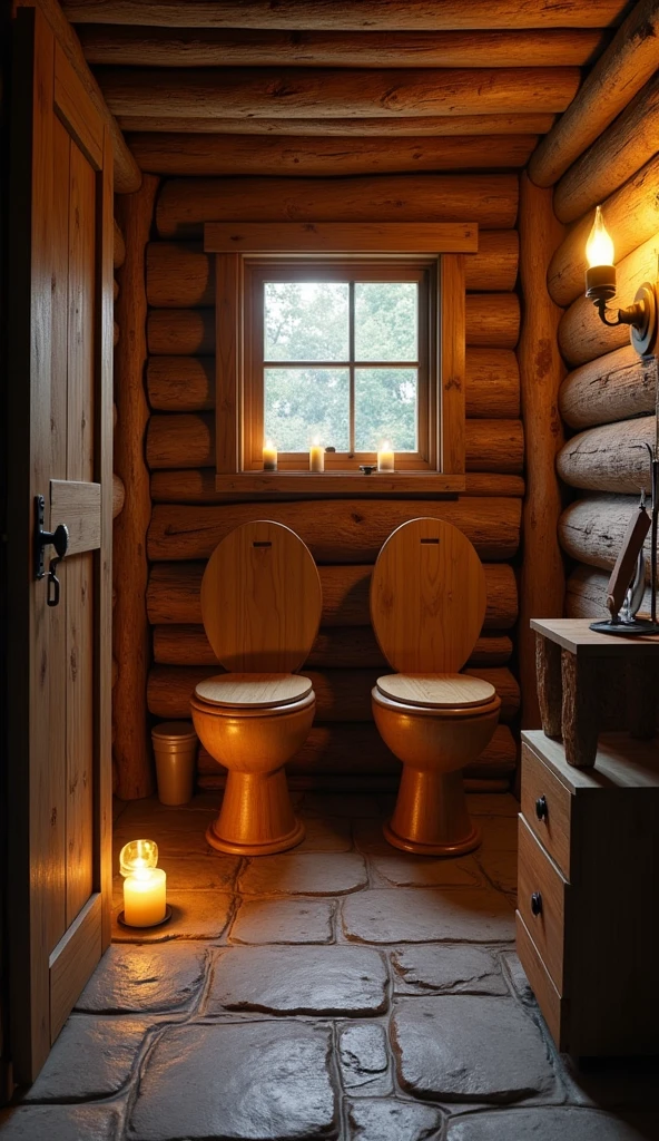 "A rustic bathroom in a cozy cabin, with two toilets set in individual wooden stalls that face each other. The room has a warm, inviting atmosphere with exposed wooden beams, a stone floor, and soft candlelight, providing a sense of intimacy and comfort."