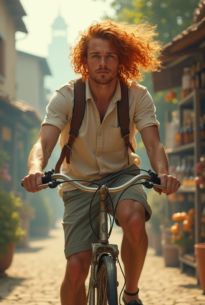 .25 year old young man, redheadwear, long hair, curlies, pedaling his old bike. in front of a village warehouse, products displayed as in the old wine cellars of Provence. It's quite windy and your hair and dress move. village. little birds. Lavender glasses. Filtro foggy. David Hamilton Style.