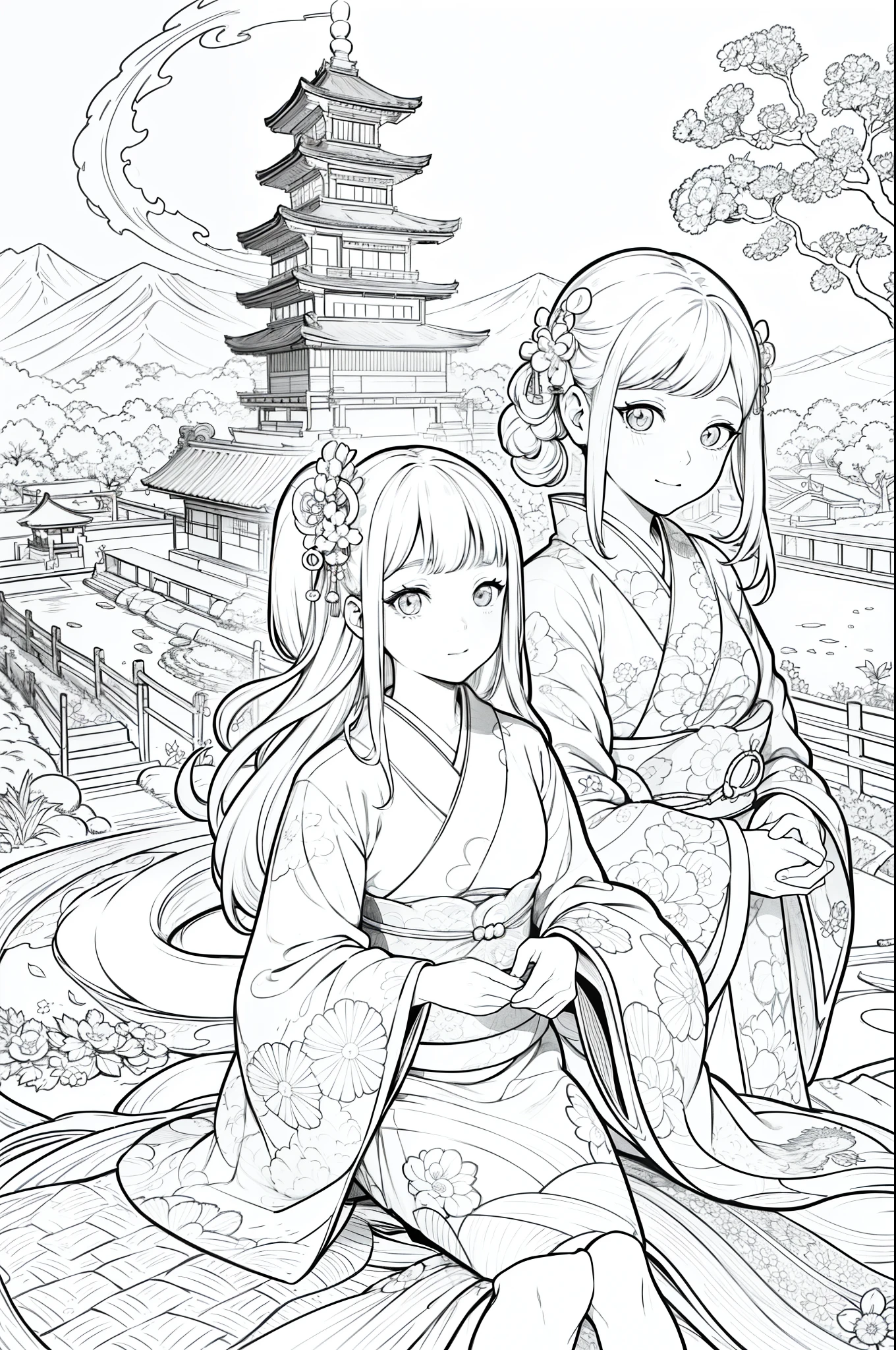 Obra maestra, superlativo,solamente, Dragon cute , flower line drawing background, fondo blanco, monocromo, line drawing, ((bosquejo)), spooky, white eyes, Please create a simple monochrome coloring book that even a  can do, depicting a realistic and cute ukiyo-e illustration of a girl in a kimono, in various poses, with a Japanese garden in the background, that conveys Japanese culture.