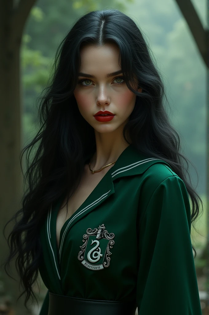 Beautiful young woman, porcelain skin, white skin, full red lips, (black, long, wavy hair) intimidating gray eyes, dressed in the Hogwarts Slytherin uniform *Drawing*