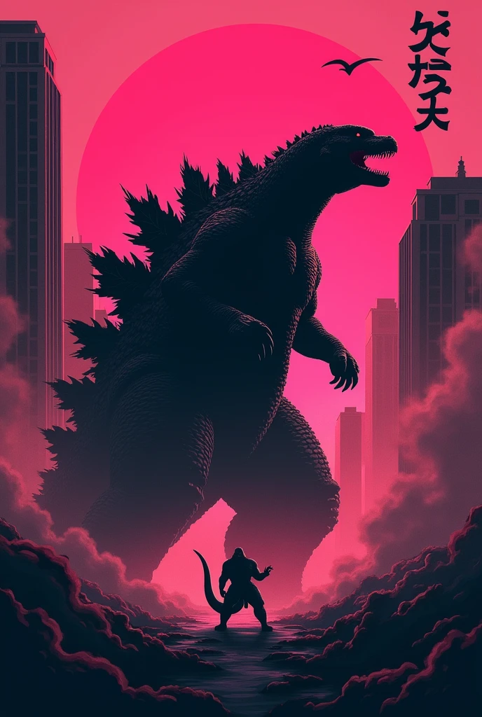 Godzilla wallpaper with black and pink theme with side wordings of Godzilla in Japanese with buildings nearby and smoke coming out of its mouth and king kong in distance and chotta Bheem killing it with his fingers