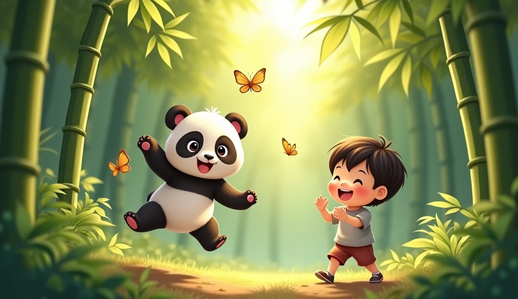 Playing TogetherThe boy and the now-happier baby panda are playing together in the forest. The panda is chasing butterflies while the boy is laughing. Bamboo trees form the background, and there’s a feeling of joy and freedom in the air. The panda is leaping, and the boy is clapping with joy.