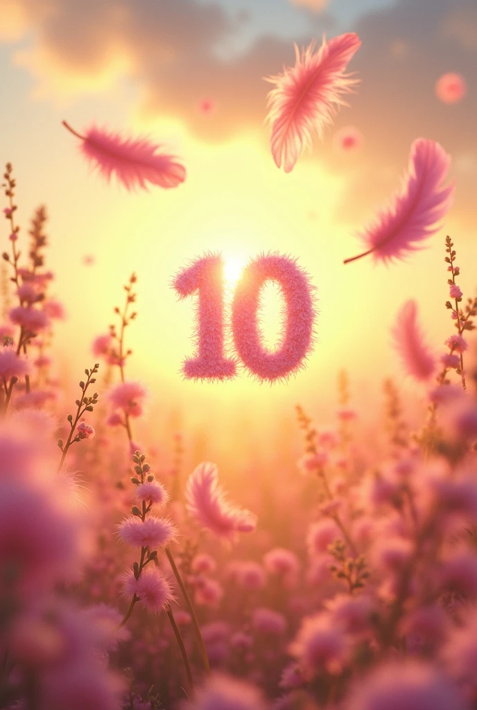 The world is full of kindness　((((((Beautiful numbers)))))) ((((10th Anniversary Celebration)))) In a soft golden world、Pink and rainbow feathers fluttering　The air is so clear　The sunrise is beautiful　The world is full of beauty　((((10 in the center)))) Real-world impact