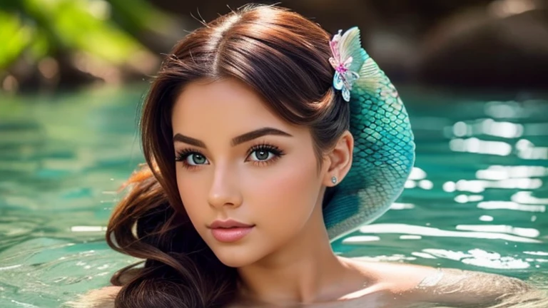 Perfect mermaid with a very beautiful perfect fish tail, beautiful and perfect face, She has a very pretty hair ornament with beautiful curves.