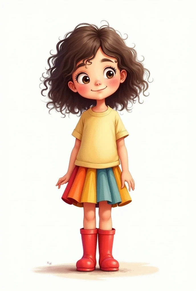 Generate an minimalist simple illustration of an 8-year-old girl with dark brown curly hair. The girl should be wearing a colorful skirt and red rain boots. The illustration should have a soft and detailed style, as if it were created with colored pencils. The background should be completely white, with no other objects or elements, to keep a minimalist focus. The girl's expression should be sweet and curious, reflecting an innocent curiosity.