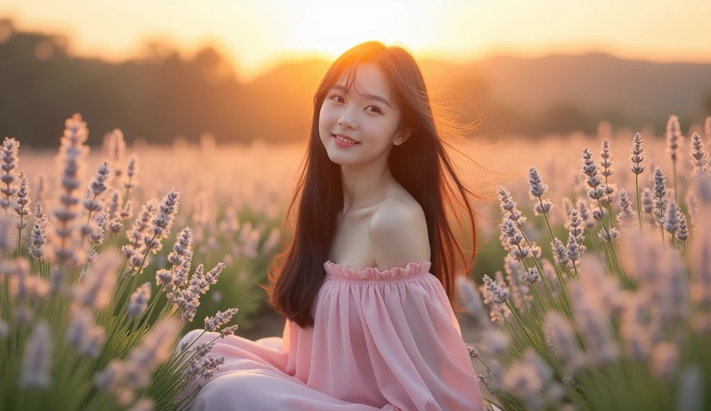 high resolution, Chinese woman,Beautiful and cute skin, Highly detailed, eye details,long black hair,Realistic photography, high resolution images, high resolution, realistic photography's high resolution, Beautiful Korean idol girl wearing a cute pink and white dress, Beautiful eyes and face in every detail, Sitting in a field of white lavender. Photos should be taken with a high-end camera., Showing the beauty in the background. The young woman smiled gently., There were white lavender roses blooming all around her.,The wind is blowing,sunset