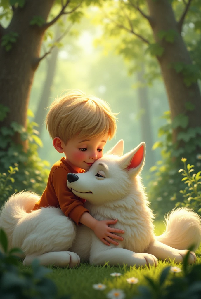 : "Un jeune garçon et un chien blanc se tiennent proches l'un de l'autre dans une clairière forestière. Le garçon caresse doucement le chien, qui se blottit contre lui avec une posture amicale et confiante. Le lien entre eux est évident alors qu'ils se tiennent sous l'ombre des grands arbres, avec une douce lumière filtrant à travers les feuilles
