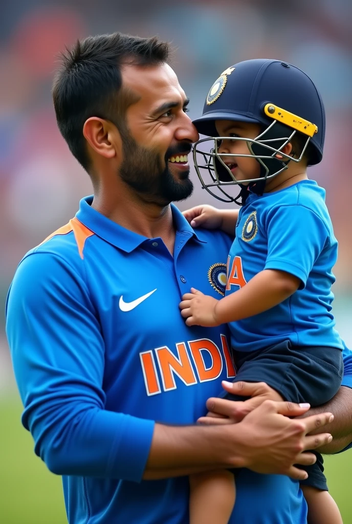 A men hold a 2 year baby in Indian cricket team blue color jersey and cricket helmet