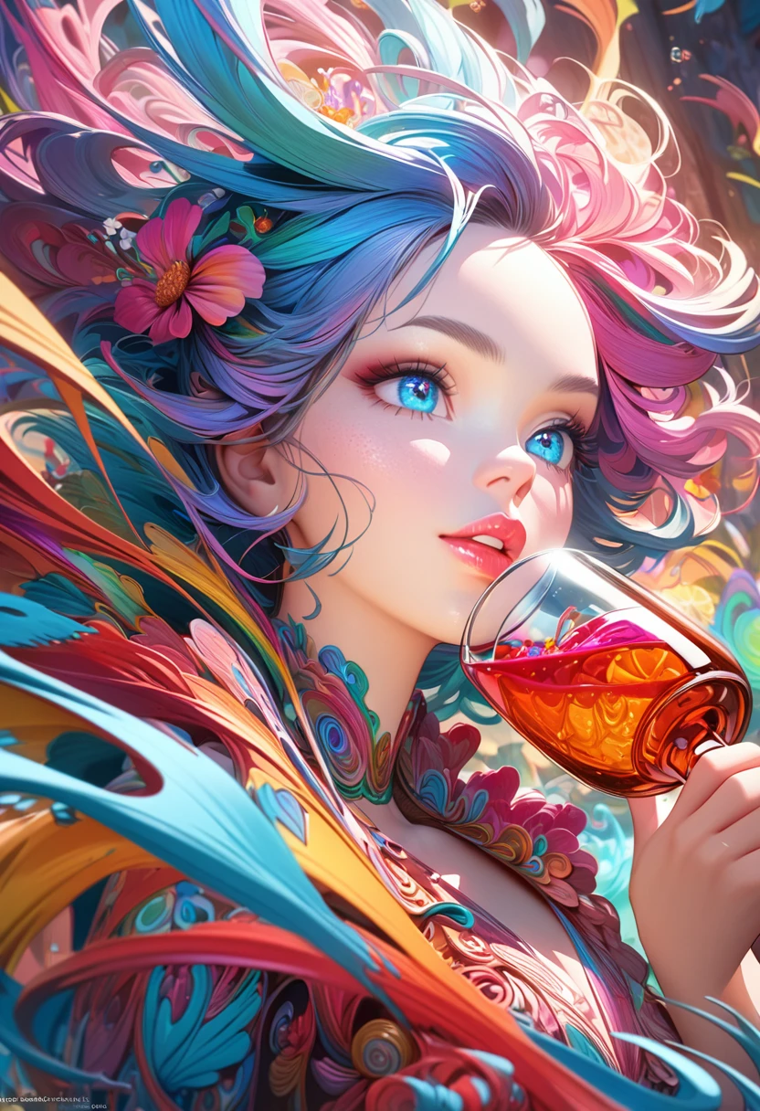a woman drinking alcohol, animated illustration style, fun intertwined drinks, beautiful detailed eyes, beautiful detailed lips, extremely detailed face and features, long eyelashes, colorful, vibrant colors, dynamic movement, whimsical, playful, fantasy, intricate details, masterpiece, best quality, 8k, high resolution, photorealistic