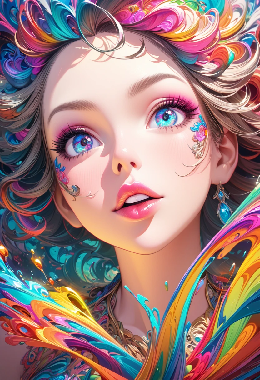 a woman drinking alcohol, animated illustration style, fun intertwined drinks, beautiful detailed eyes, beautiful detailed lips, extremely detailed face and features, long eyelashes, colorful, vibrant colors, dynamic movement, whimsical, playful, fantasy, intricate details, masterpiece, best quality, 8k, high resolution, photorealistic