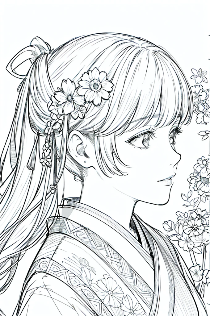masterpiece, acura, 1girl, solo, hanfu, bow hair, profile portrait closeup, flower line drawing background, white background, monochrome, line drawing, ((sketch))