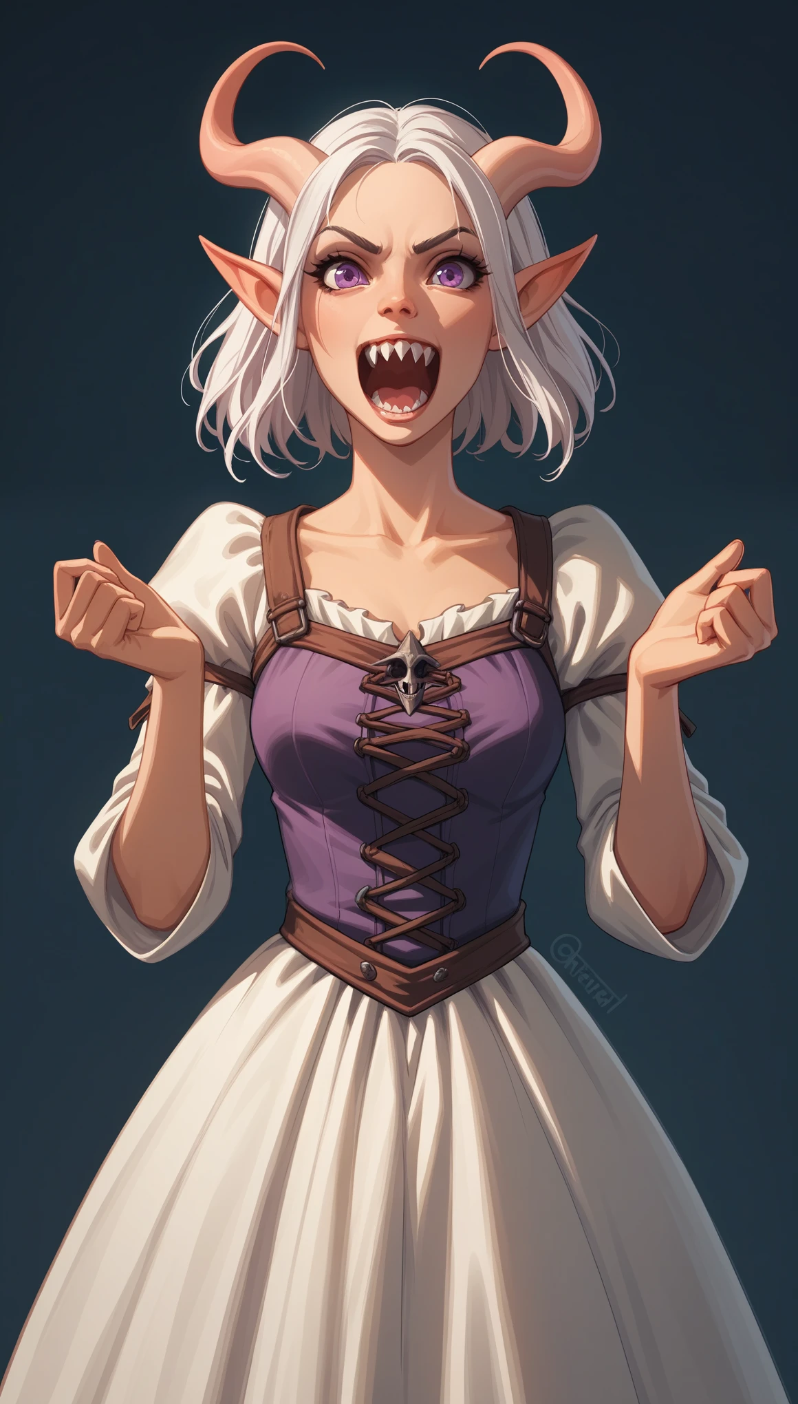 score_9, score_8_up, score_7_up, score_6_up, score_5_up, score_4_up, BREAK source_furry, rating_safety,
Tiefling, half demon, female, sharp teeth, purple eyes, (grin face expression, open mouth, shout, screaming), tall slim thin body, medieval sorcerer clothes, ((thorned dress)), sorcerer robe and accessors, solo, simple background