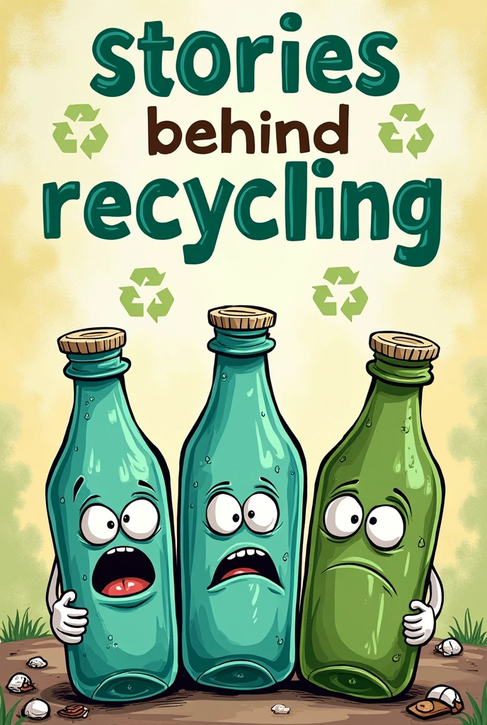 Hello, I want an image in 720 x 1280 resolution with the text "Stories behind recycling"
The image should say "Stories behind recycling"
The image must have surprised and sad plastic bottles. It must also have recycling symbols. The image must be in cartoons.