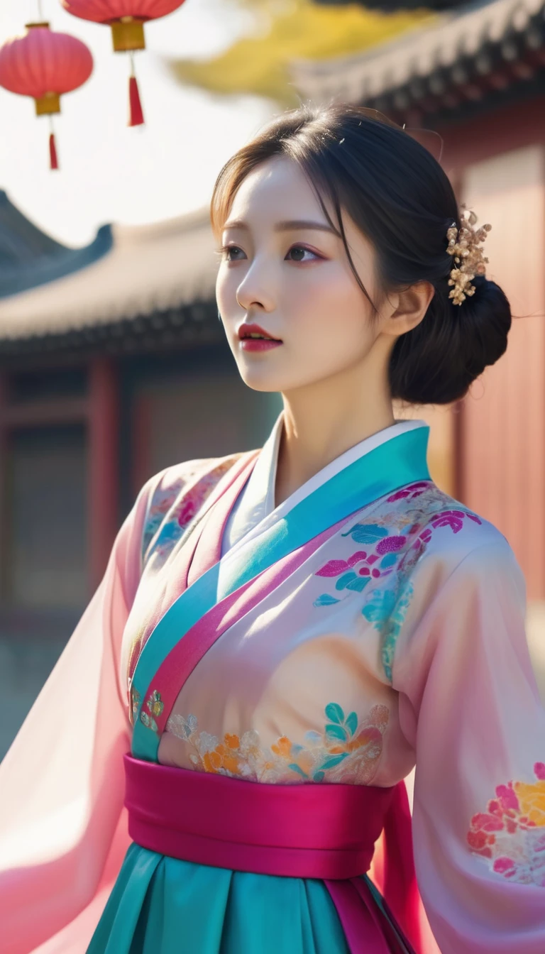 Beautiful woman, (Motion Blur:1.3), An unusually beautiful face, A woman wearing an elaborate, colorful hanbok, Flying like in Chinese movies, In ancient China, Professional fashion photo shoot,Ultra-high resolution, 4K