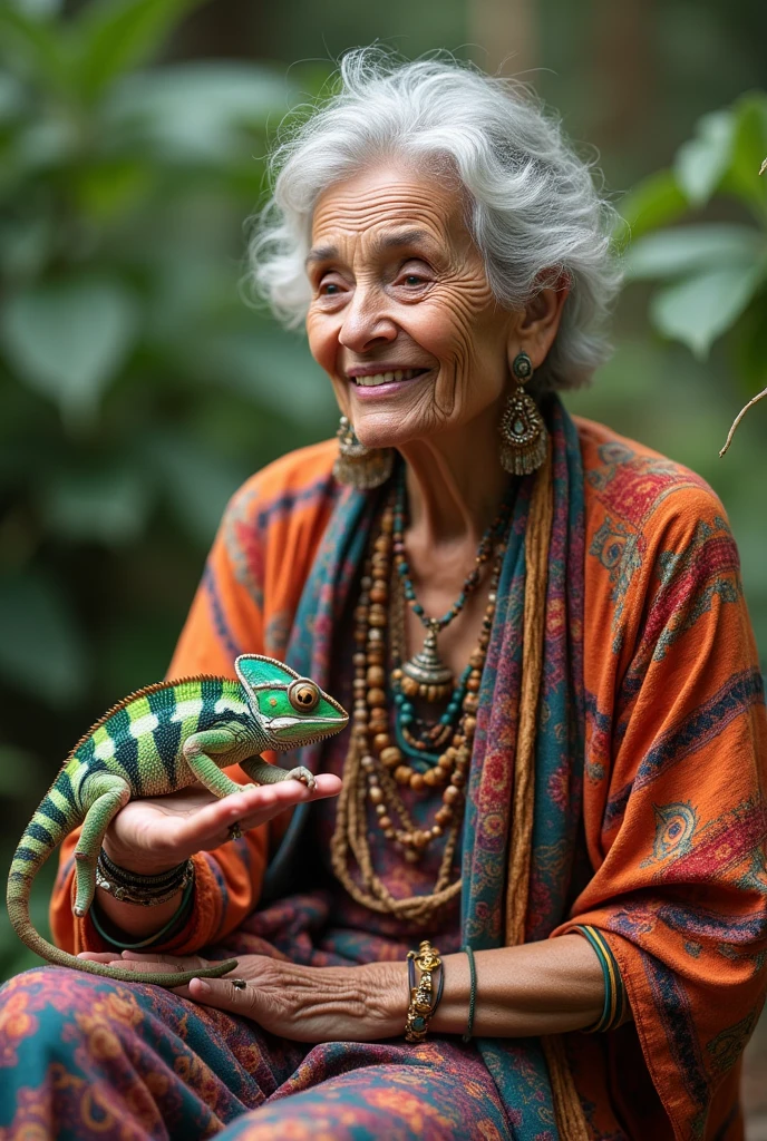 67 year old senior woman hippy bohemian standing spending time with her chameleon






