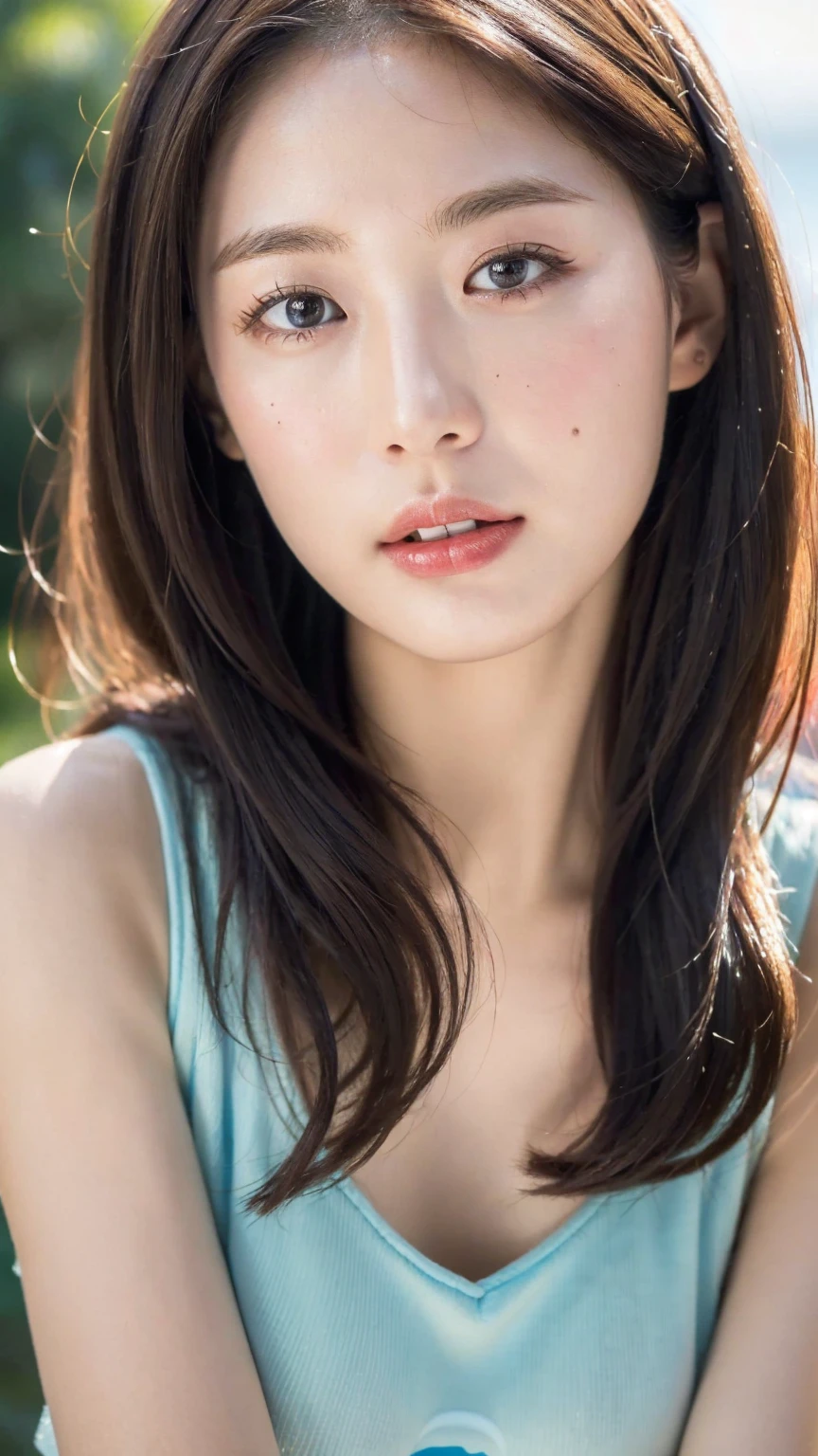masterpiece, highest quality, 8k, 20th generation, Big Breasts, cute, alone, sad, cute, Girlish, cute、Delicate girl, Pure beauty, RAW Photos, Professional photography, Portraiture, Soft Light, Professional Lighting, Backlight, Head to knee photo, avert your eyes, Sophisticated, Film Grain, (Round face、Young Face、Thin eyebrows、Thin lips:1.0), Floating Hair, beautiful, Flowing hair, bangs, White blouse、pastel cardigan、(Big Breasts:1.u can see the chest a little、Micro Mini Skirt、Voluptuous thighs、dolly make、Heterochromia iridis、Left and right eyes are different colors、Midsummer sky、Cumulonimbuidsummer Beach