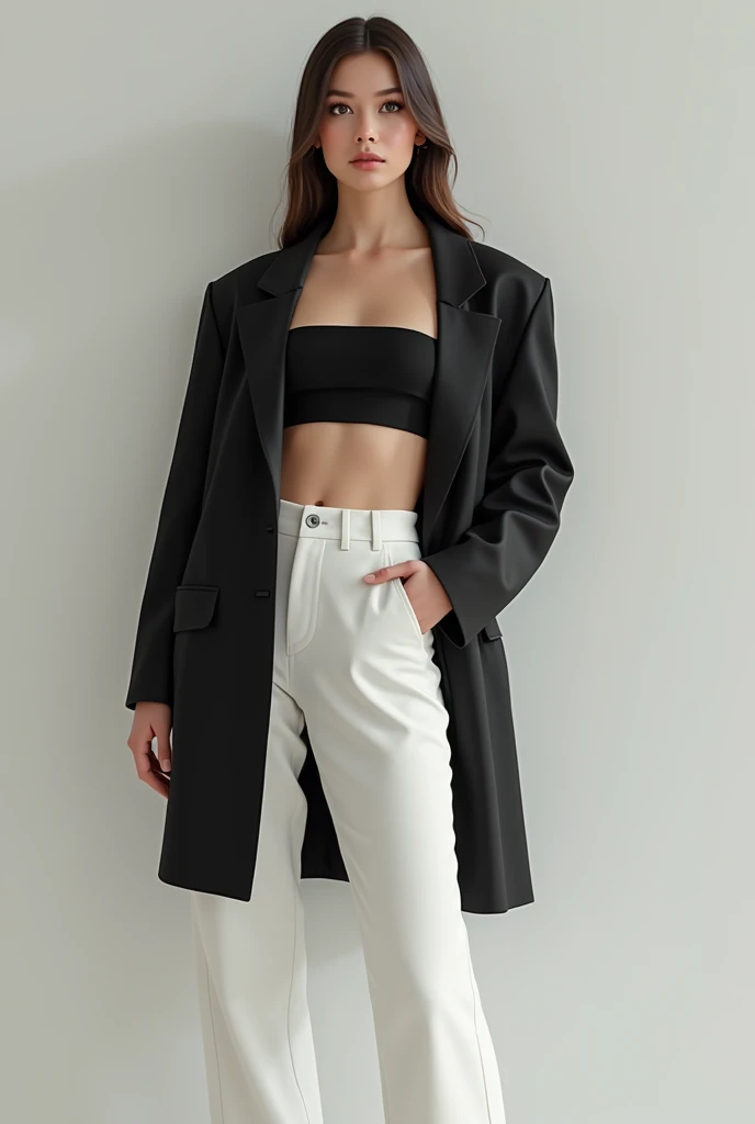 Black tube with black blazer and white pants 