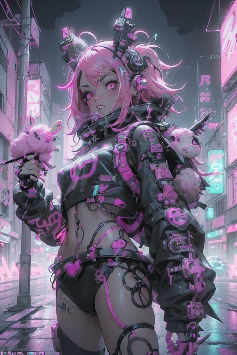 (Highest quality、8k、32K、masterpiece、Hmph:1.3)、(Photorealistic:1.4),((Shoot from the front,View your viewers,full_body:1.5)),((18-year-old punk girl,Unusual punk hair:1.3)),((Pink and black punk fashion:1.5)),((Holding a stuffed rabbit:1.5))Studded clothing、((With a bloody bat in his right hand:1.5))、((Black backpack on the back))、（Bright black and pink hair:1.5）,Wacky makeup、((cyber punk、夜のneon街、neon:1.5))、A desolate town soaked in rain,Puddles on the road、(Cinema Lighting)、Written boundary depth,Blurred Background、