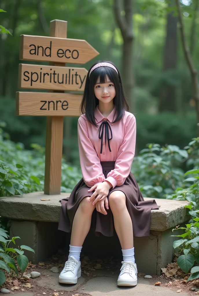 Image is a portrait-style photograph featuring a young woman sitting on a stone bench in an outdoor setting. She has medium-length black hair with a headband, and she is wearing a pink long-sleeve blouse with a black ribbon tie at the collar, paired with a dark brown skirt. She has a light to medium skin tone and is smiling gently at the camera. She is also wearing white socks and white sneakers. Behind her, there is a wooden sign with text that reads 'AND ECO-SPIRITUALITY PAR' in a rustic font, and lush green foliage is visible in the background, adding a natural and serene ambiance to the scene.