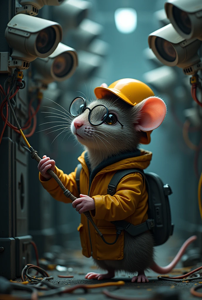 An electrical engineer mouse with glasses and a helmet does maintenance on security cameras
