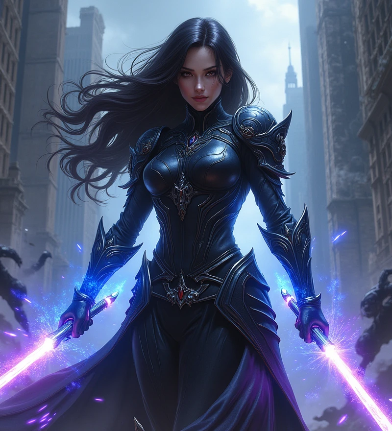 (Female Solo Leveling protagonist:1.4), (badass warrior:1.3), (sleek black battle armor with intricate details:1.4), (glowing blue and purple aura:1.3), (dynamic and fierce pose:1.3), (sharp, focused eyes:1.3), (long, flowing dark hair:1.2), (energy swords and shadow powers:1.4), (intense, high-stakes battle environment:1.3), (urban ruins with dark, stormy skies:1.2), (shadowy creatures emerging from the ground:1.3), (determined and unyielding expression:1.3), (powerful and commanding presence:1.3), (heroic yet mysterious vibe:1.3), (highly detailed and dynamic art style:1.4), (futuristic fantasy elements:1.2), (vibrant and bold colors:1.3), (epic and cinematic composition:1.4), (strong, athletic physique:1.3), (enhanced with supernatural energy:1.2)