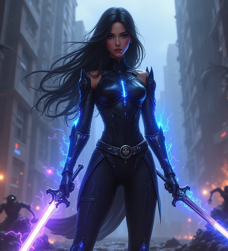 (Female Solo Leveling protagonist:1.4), (badass warrior:1.3), (sleek black battle armor with intricate details:1.4), (glowing blue and purple aura:1.3), (dynamic and fierce pose:1.3), (sharp, focused eyes:1.3), (long, flowing dark hair:1.2), (energy swords and shadow powers:1.4), (intense, high-stakes battle environment:1.3), (urban ruins with dark, stormy skies:1.2), (shadowy creatures emerging from the ground:1.3), (determined and unyielding expression:1.3), (powerful and commanding presence:1.3), (heroic yet mysterious vibe:1.3), (highly detailed and dynamic art style:1.4), (futuristic fantasy elements:1.2), (vibrant and bold colors:1.3), (epic and cinematic composition:1.4), (strong, athletic physique:1.3), (enhanced with supernatural energy:1.2)