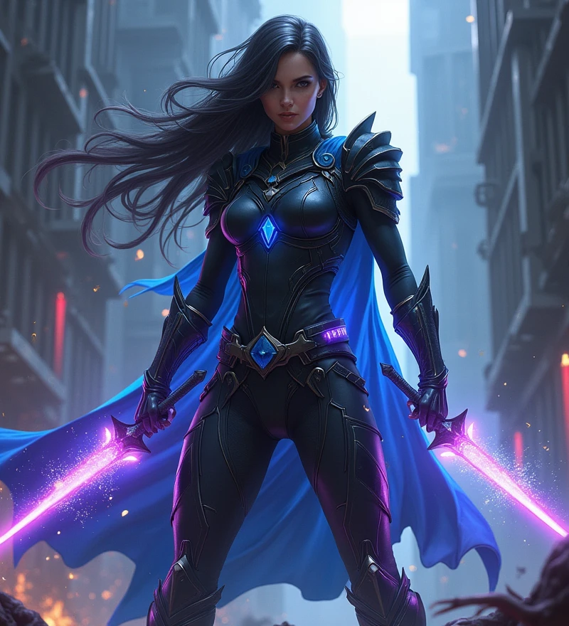 (Female Solo Leveling protagonist:1.4), (badass warrior:1.3), (sleek black battle armor with intricate details:1.4), (glowing blue and purple aura:1.3), (dynamic and fierce pose:1.3), (sharp, focused eyes:1.3), (long, flowing dark hair:1.2), (energy swords and shadow powers:1.4), (intense, high-stakes battle environment:1.3), (urban ruins with dark, stormy skies:1.2), (shadowy creatures emerging from the ground:1.3), (determined and unyielding expression:1.3), (powerful and commanding presence:1.3), (heroic yet mysterious vibe:1.3), (highly detailed and dynamic art style:1.4), (futuristic fantasy elements:1.2), (vibrant and bold colors:1.3), (epic and cinematic composition:1.4), (strong, athletic physique:1.3), (enhanced with supernatural energy:1.2)