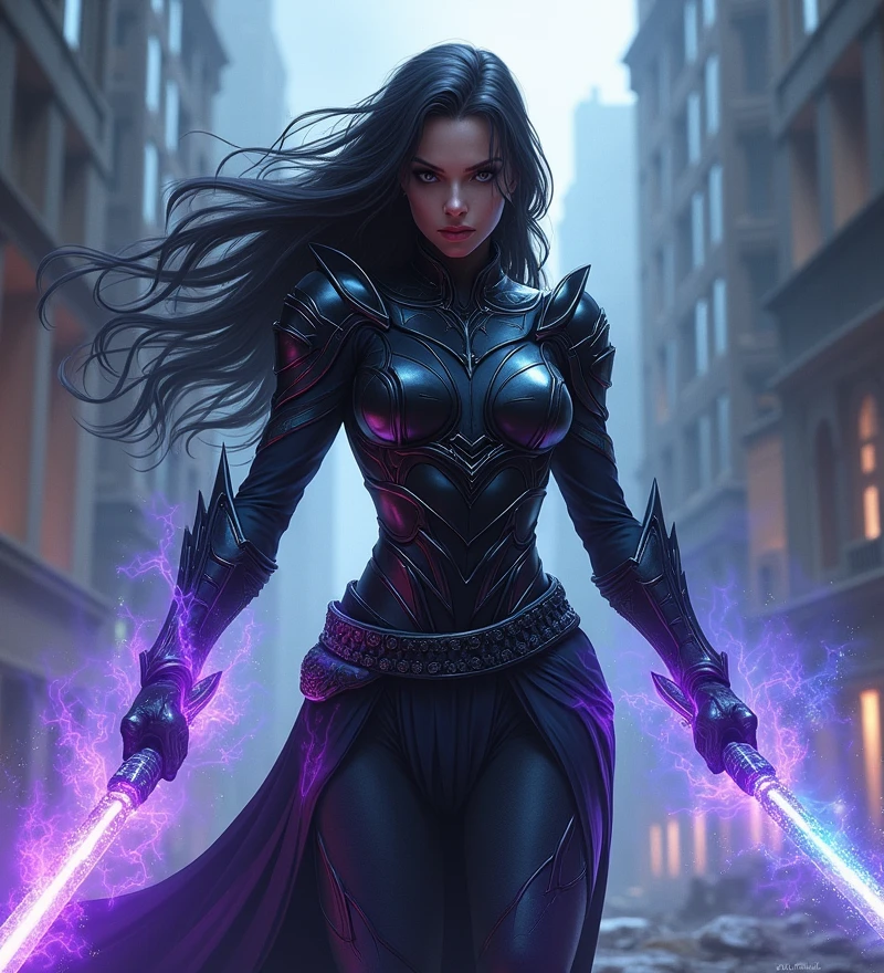 (Female Solo Leveling protagonist:1.4), (badass warrior:1.3), (sleek black battle armor with intricate details:1.4), (glowing blue and purple aura:1.3), (dynamic and fierce pose:1.3), (sharp, focused eyes:1.3), (long, flowing dark hair:1.2), (energy swords and shadow powers:1.4), (intense, high-stakes battle environment:1.3), (urban ruins with dark, stormy skies:1.2), (shadowy creatures emerging from the ground:1.3), (determined and unyielding expression:1.3), (powerful and commanding presence:1.3), (heroic yet mysterious vibe:1.3), (highly detailed and dynamic art style:1.4), (futuristic fantasy elements:1.2), (vibrant and bold colors:1.3), (epic and cinematic composition:1.4), (strong, athletic physique:1.3), (enhanced with supernatural energy:1.2)