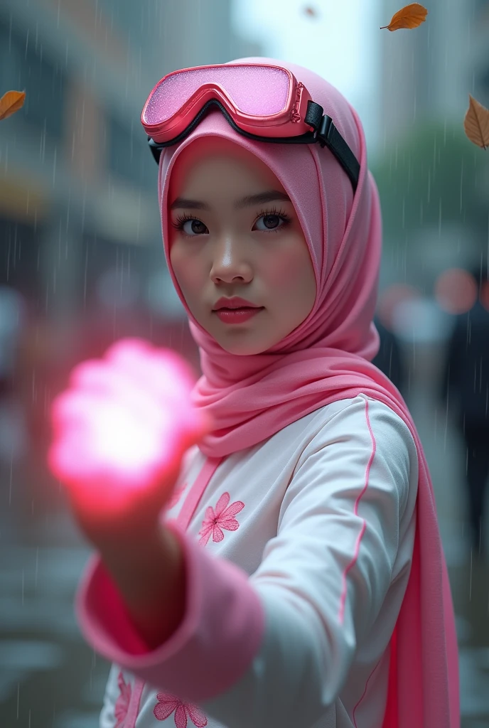 Malaysia women a realistic masterpiece. Human .wear pint watch.. 1girl wearing a hijab, detailed beautiful face, Hijab Muslim. Wear long sleeve moder design white pink stripe white, minimalist flower on shirt. Enger face. Open mouth. Glowing power pink. . Wear pink white.small Safety Pink google spectacle top of the head rubber band. Age 15 year old. Flying punch robot. Fast fly. Panning effect Photography . Jump on and have a super strong power.. punch . Fight pose. Bokeh background.glowing fist.. At the city. Bad waether. , detailed lips, long eyelashes. Hero, modest expression, delicate facial features, natural skin tones, , detailed folds and textures of hijab, natural lighting, high quality, photorealistic, 8k, best quality. Malaysia girl. Floating small stone and dry leave.