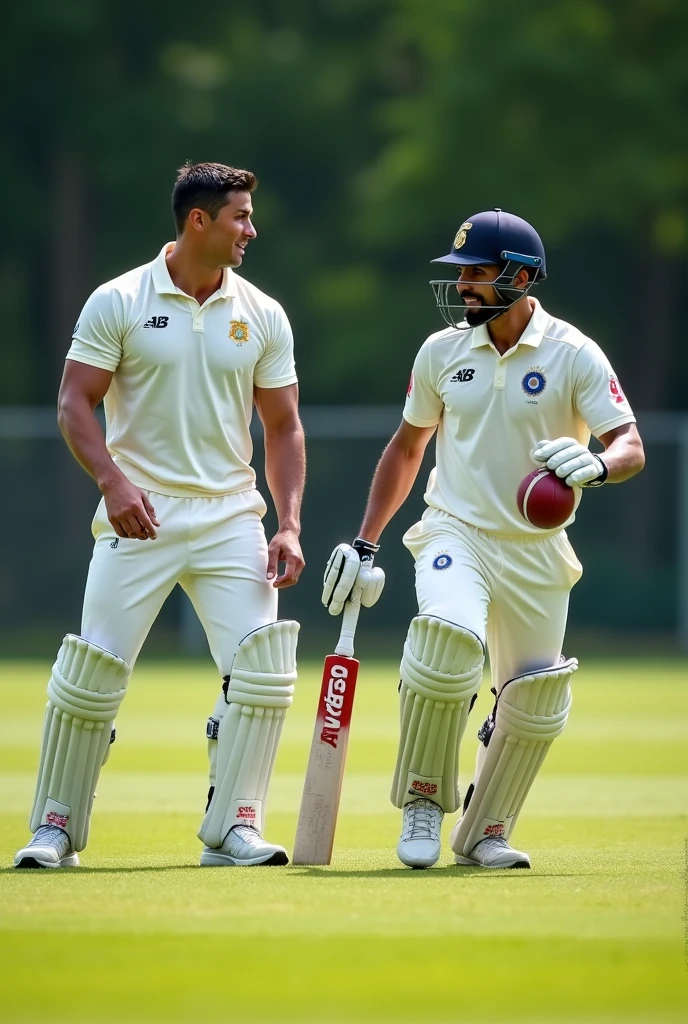 Cristiano Ronaldo playing cricket and he wearing white jersy. Virat kohli playing football and he wearing white jersy