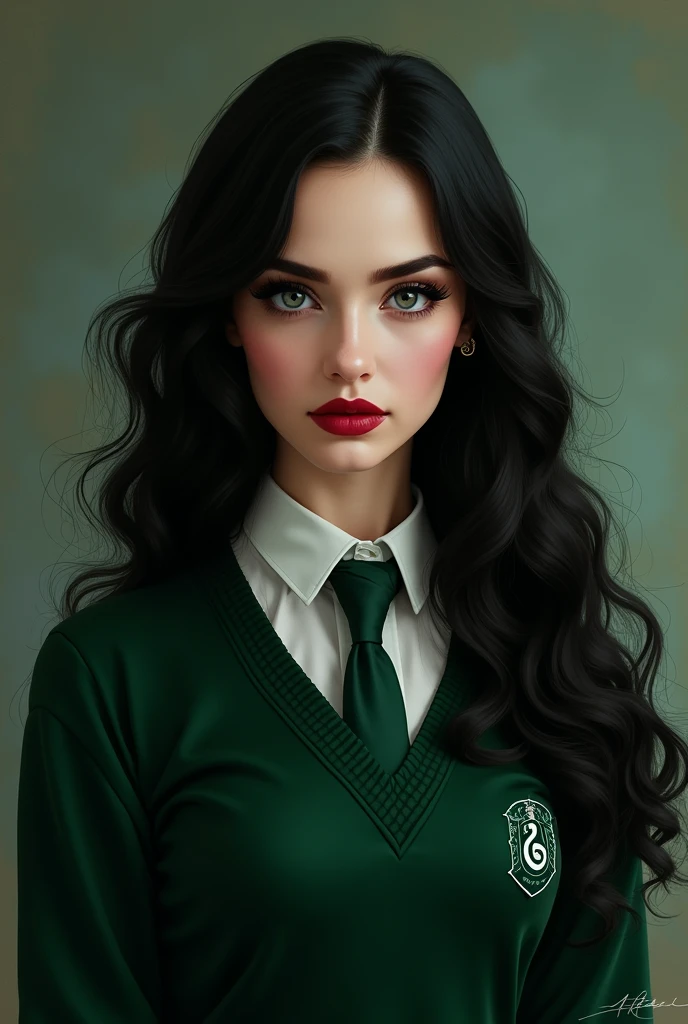 Beautiful young woman, porcelain skin, white skin, full red lips, (black, long, wavy hair) intimidating gray eyes, dressed in the Hogwarts Slytherin uniform *Drawing*