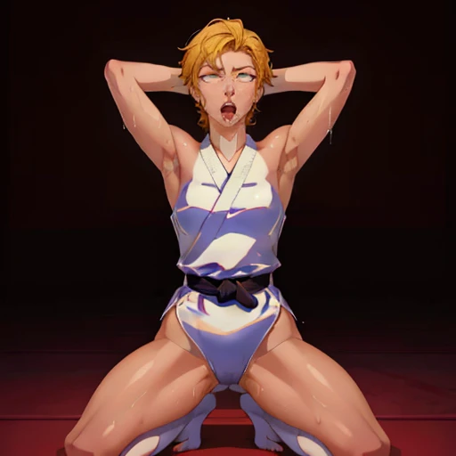 ((((masterpiece, best quality, high resolution)))), Extremely detailed 8K, 1 female, wearing a white Karate gi, (ahegao),white eyes, Small breasts,full body, kneeling, tired, (muscle:1.4), japanese clothes,  No underwear,No eyeballs, Facing the audience, looking at the audience, tired, from below, (Exposed armpit:1.1), ((armpit:1.2)), sexy, Sweating, More and more sweat,(ahegao), (Roll your eyes),  open mouth, Sticking out tongue, saliva, Slobber,Skinny, raise arms, (arms above head:1.5)(Ultra HD, Ultra-detailed, Highly detailed, Highly realistic, Ultra-realistic, photograph realistic), (1girl:1.5), (Realistic yellow hair), (dynamic poses), facing at camera, looking at viewer, (slightly serious face),(red eyes, sharp eyes), (perky breasts:1.2), (beautiful detailed face, beautiful detailed eyes), ((worn out karate gi)), (preparing for a fight), sweat, glow, (sunbeam, sunlight), ((cowboy shot)), inside a training gym, seductive, EnvyBetterHands LoCon. 